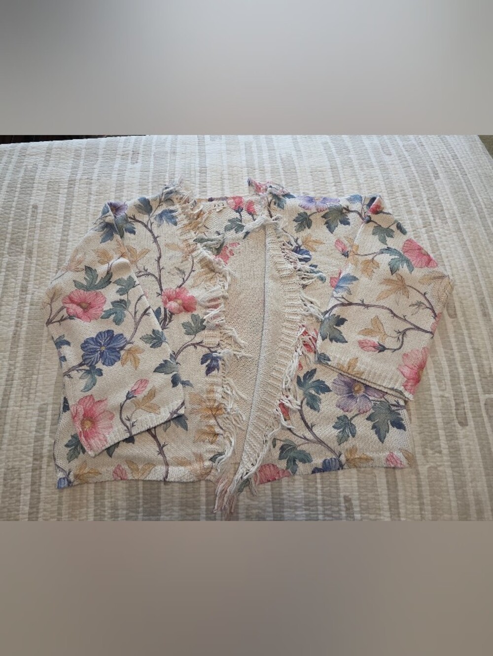 POL Floral Fringe Cardigan - Cream with Pink, Blue & Green NEW